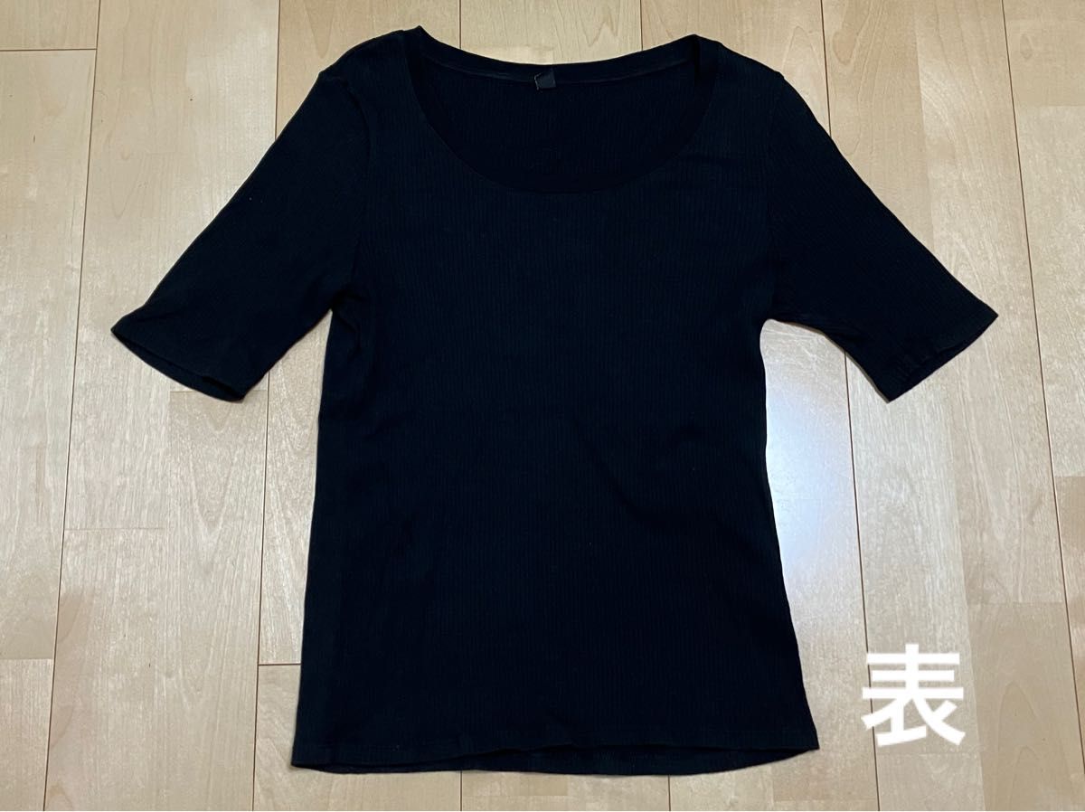 ユニクロ  半袖Tシャツ リブ生地 5分袖 Lサイズ ブラック
