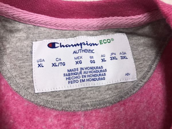 チャンピオン Champion ECO ストリート スポーツ 古着 ロゴ刺繍 Vガゼット スウェット トレーナー レディース 大きいサイズ XL ピンク_画像2