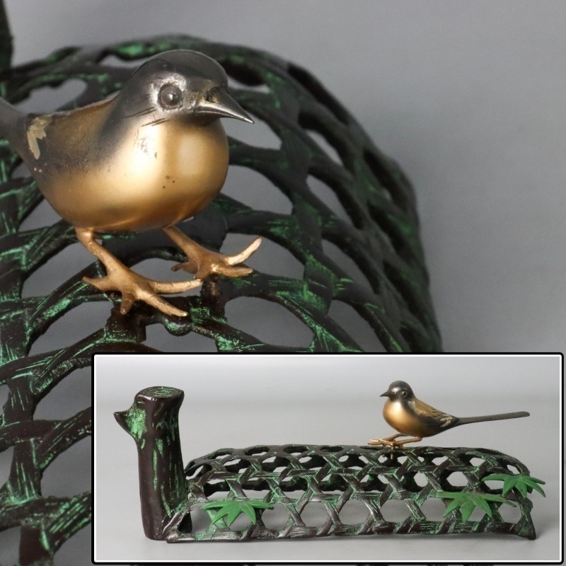 【宙】金工師造 銅製 籠乗鳥置物 26.4cm 総重量731g 置物 オブジェ 古美術品 12S21.l.B_画像1