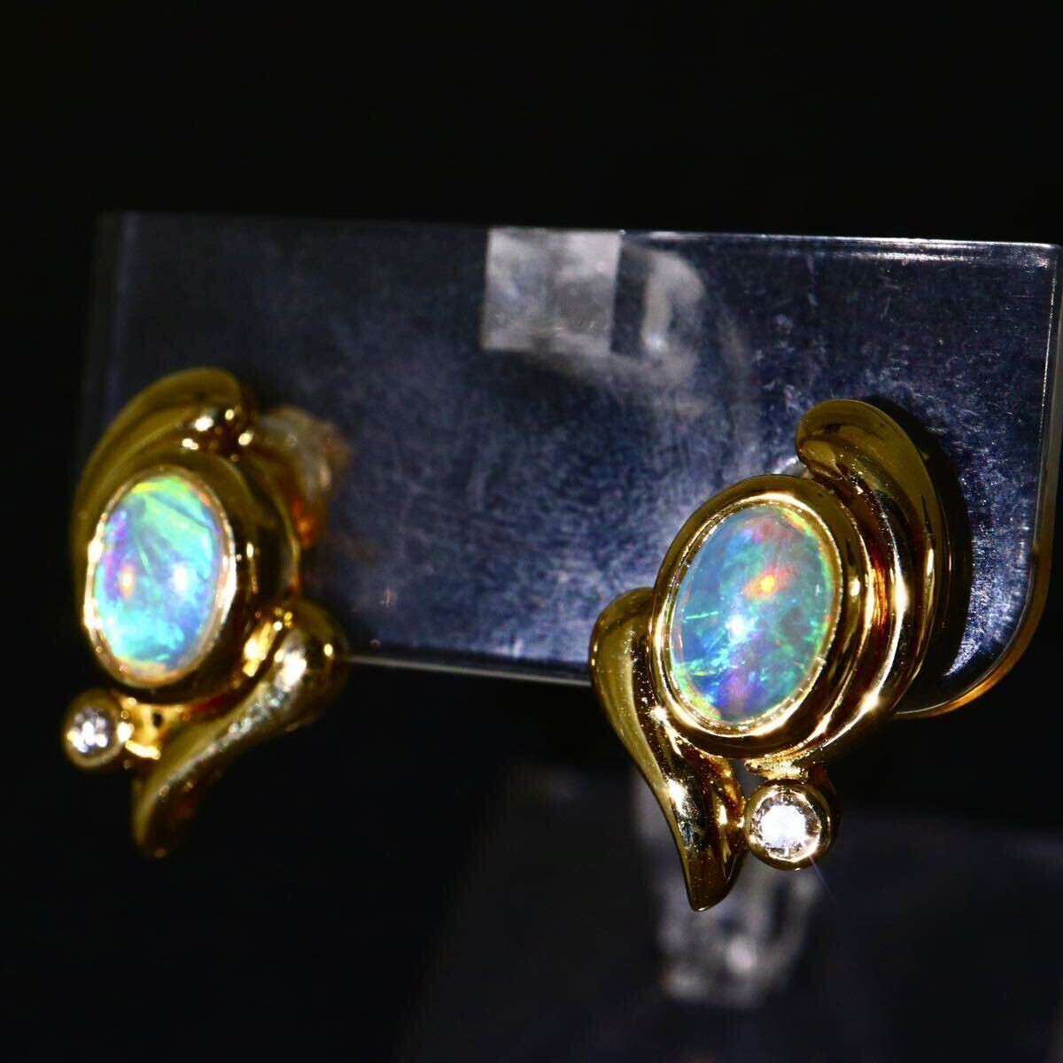 遊色効果!!《K18(750) 天然ダイヤモンド/天然オパールピアス》A 3.2g diamond opal pierce jewelry ジュエリー EB5/EBの画像2