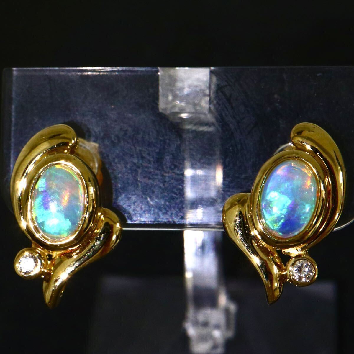 遊色効果!!《K18(750) 天然ダイヤモンド/天然オパールピアス》A 3.2g diamond opal pierce jewelry ジュエリー EB5/EBの画像1