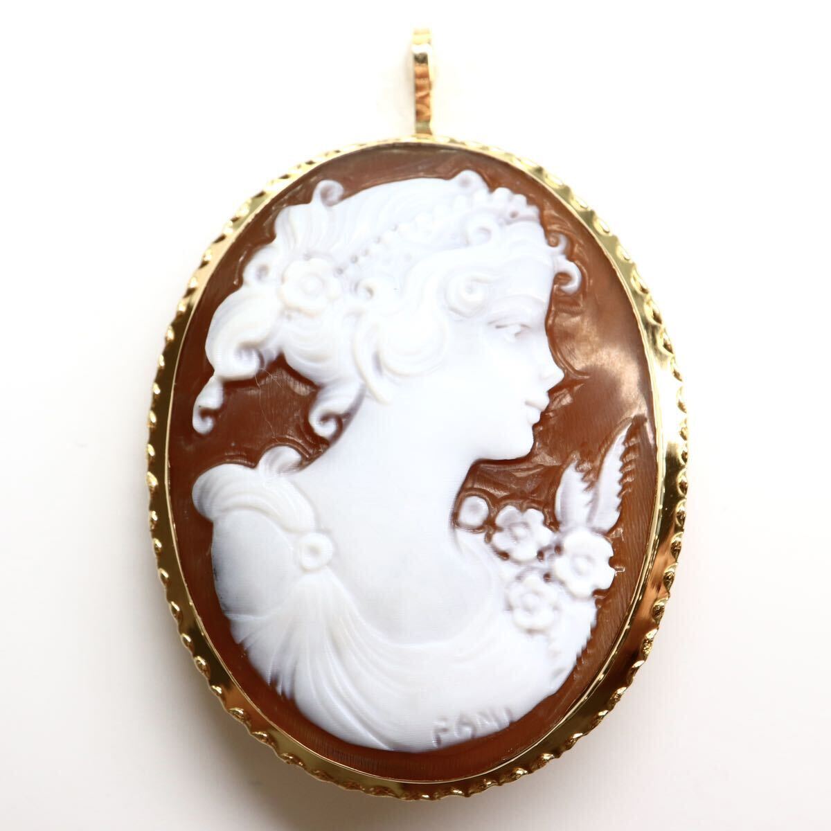 {K18 ракушка камея подвеска с цепью . брошь }A примерно 5.7g cameo shell pendant broach ювелирные изделия jewelry EA9/EA9