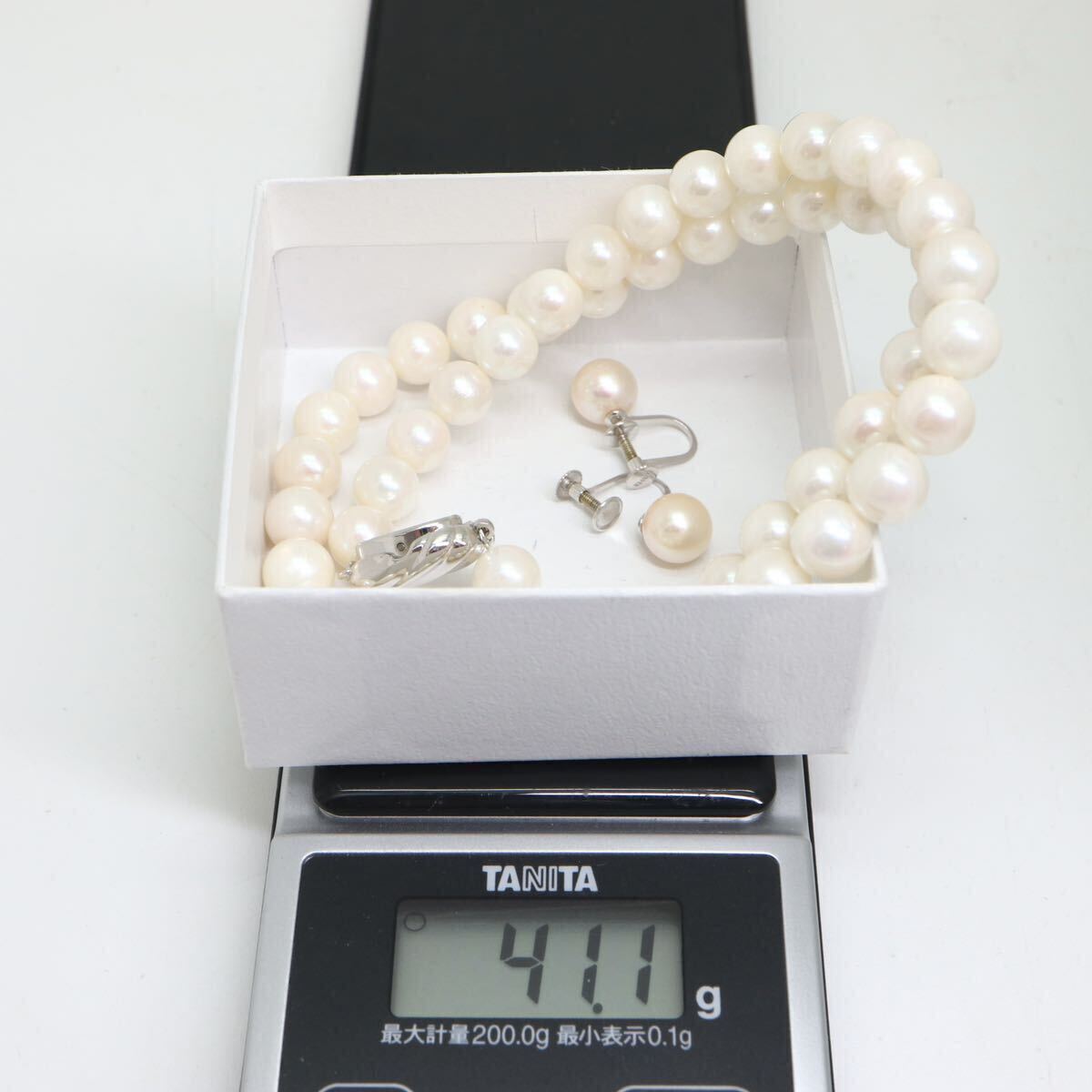 《アコヤ本真珠ネックレス&K14WGイヤリング》A約7.5-8.0mm珠 41.1g 約42.5cm pearl necklace jewelry DD0/DEの画像8