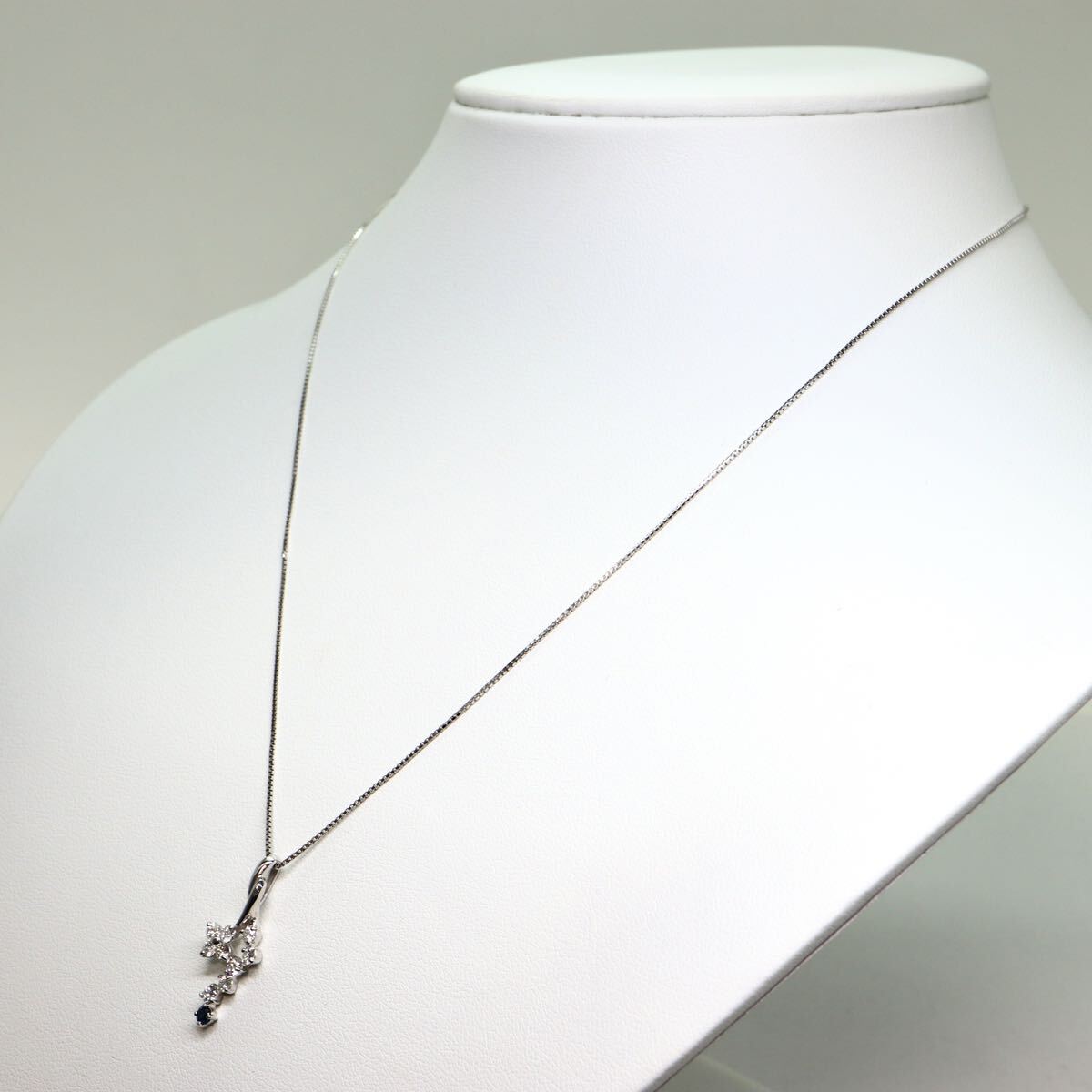《K18WG天然ダイヤモンド/天然サファイアネックレス》A 約3.3g 約44.5cm 0.05ct 0.45ct diamond sapphire jewelry necklace EC0の画像6