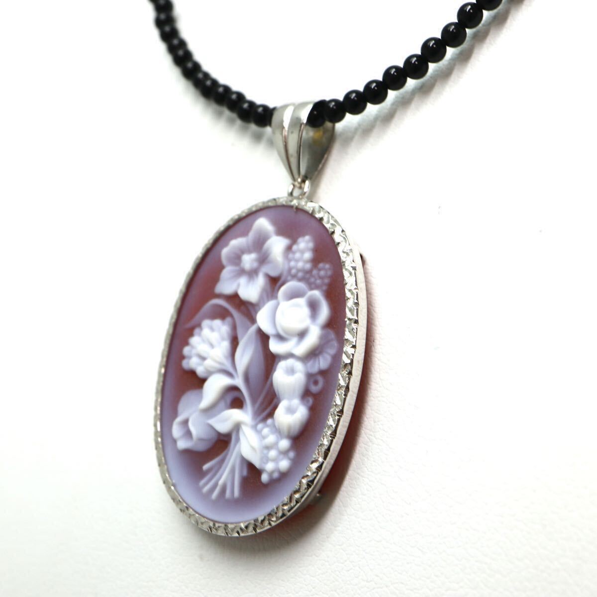 《K18WG ストーンカメオ/天然オニキスネックレス》A ◎約8.5g 約43.0cm necklace onyx ジュエリー jewelry 花 EA5の画像2