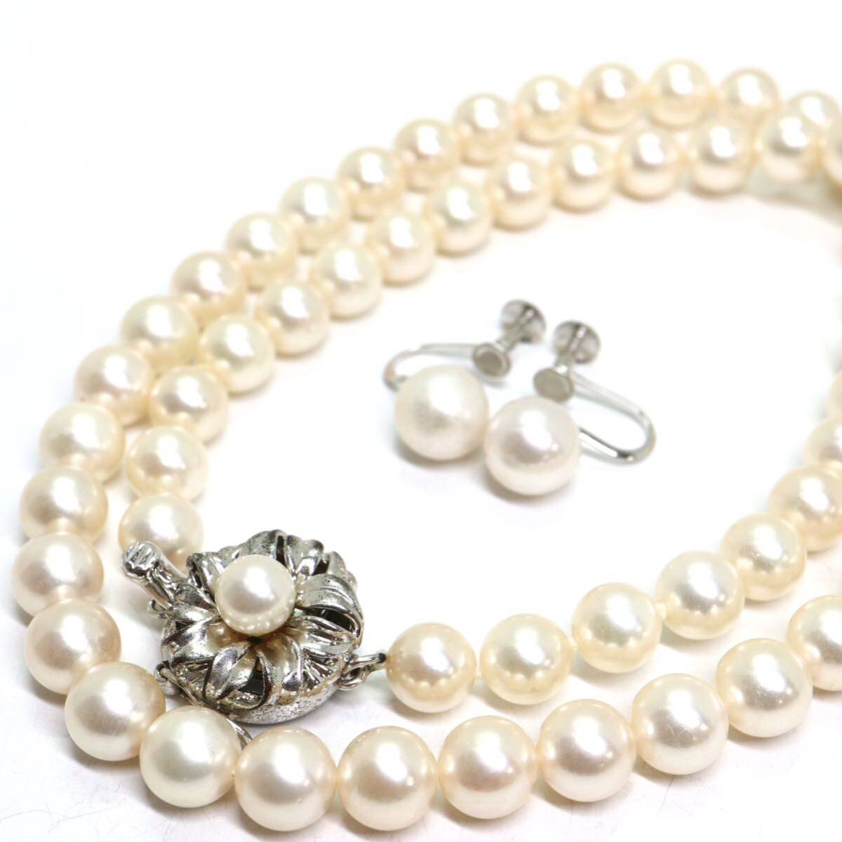 《アコヤ本真珠ネックレス&K14WGイヤリング》M 33.3g 約6.5-7.8mm珠 約43cm pearl necklace ジュエリー jewelry DH0/DH0_画像1