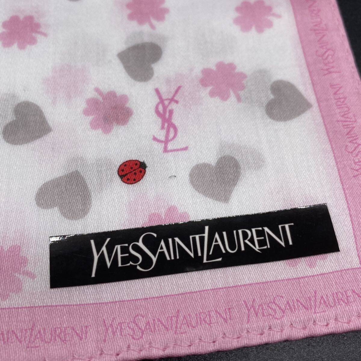 Yves Saint Laurent イブサンローラン イヴサンローラン  ハンカチ ハート クローバー てんとう虫 ふちピンク no.40の画像2