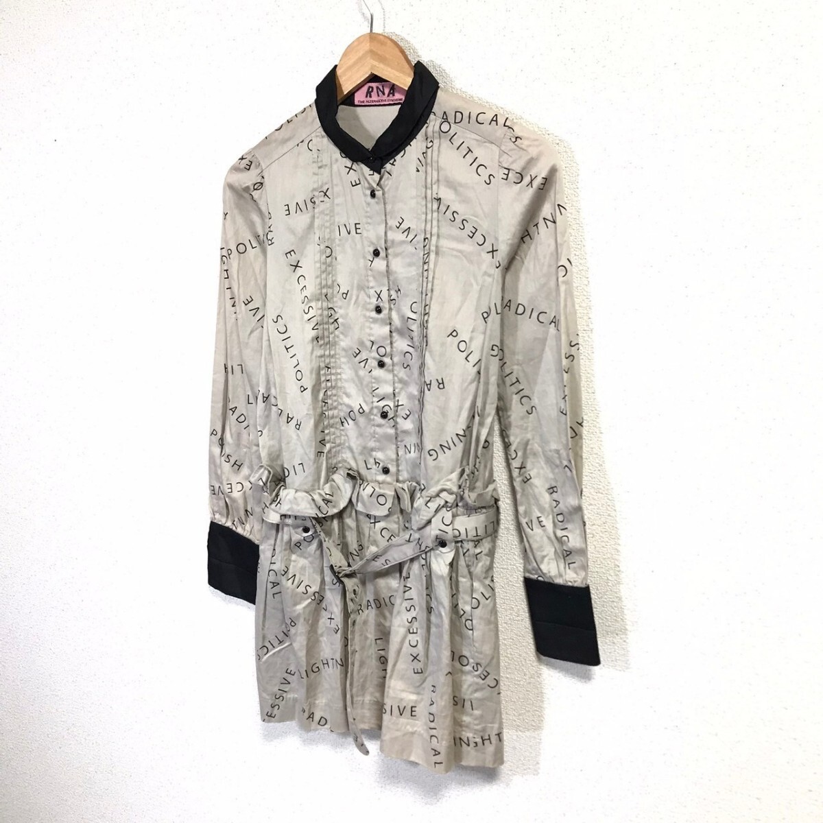 H7497dL RNAa-ruene- size M shirt One-piece blouse shirt dress gray × black britain character total pattern lady's cotton 100% old clothes 