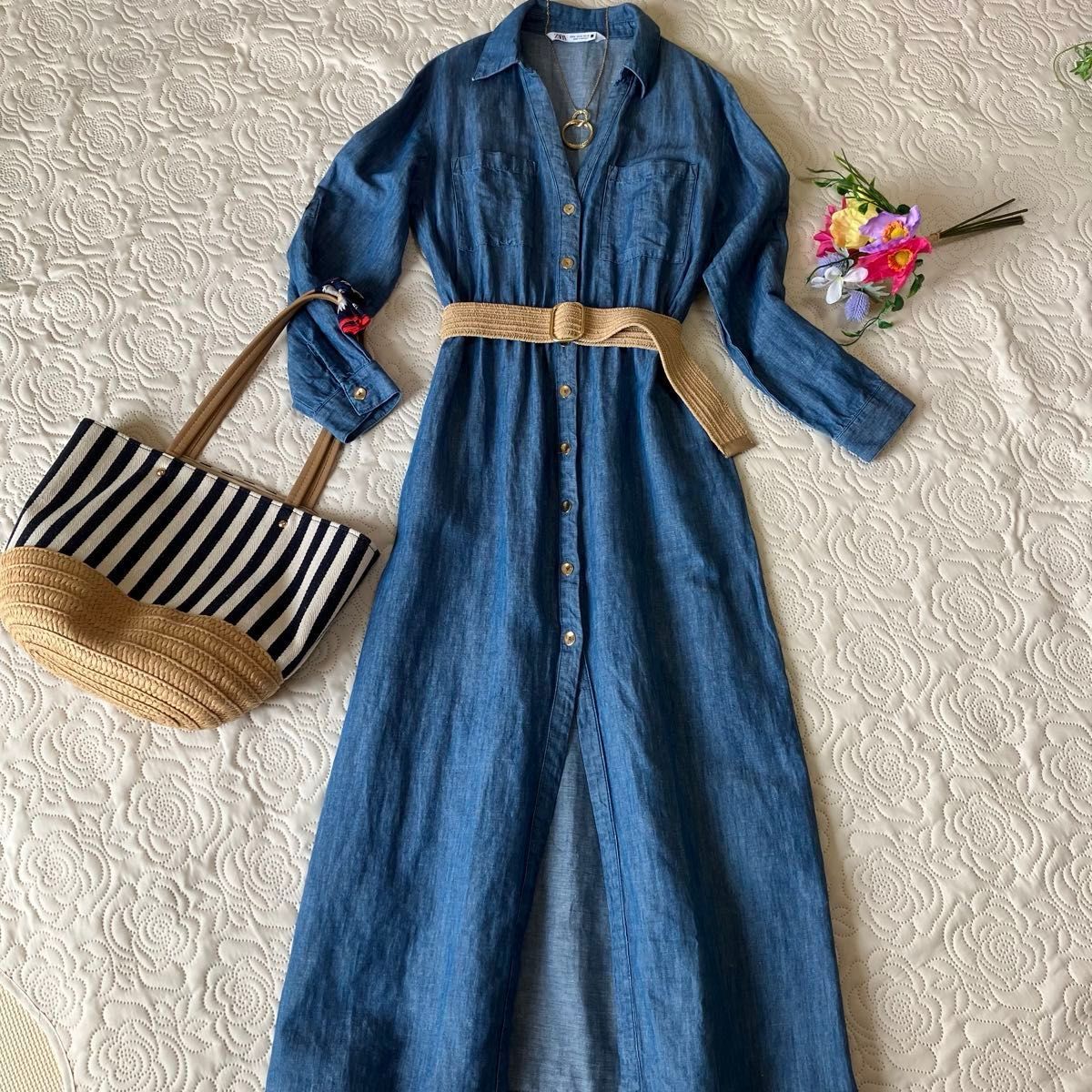 ZARA】ザラ 人気商品 デニムワンピース シャツワンピース ロング ZARA】ザラ 人気商品 デニムワンピース シャツワンピース ロング