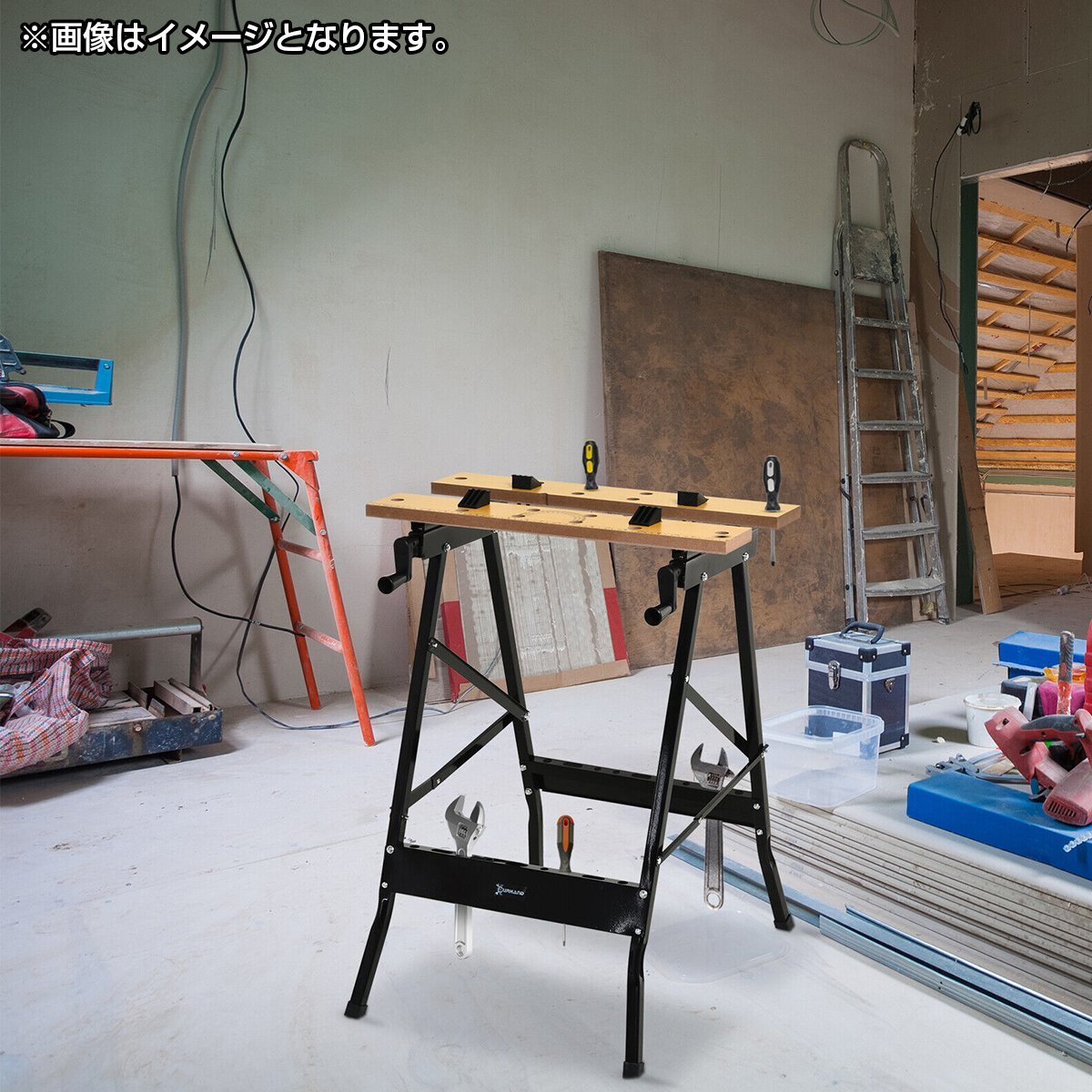 【新品即納】 ワークベンチ バイス 固定 万能 作業台 折りたたみ 天板 可動 天板560mm 分度器 スケール ツールラック付 工具 DIY テーブルの画像5
