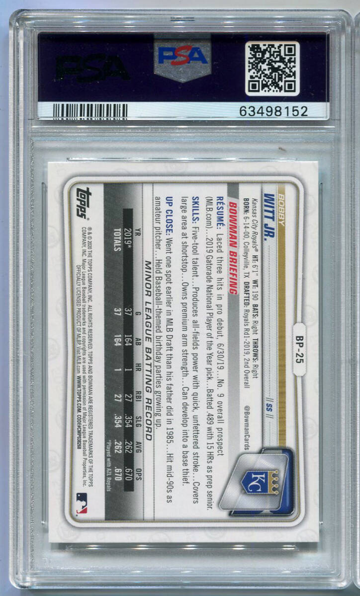 2020 Bowman Prospects #BP-25 Bobby Witt Jr. リフラクター PSA 10_画像2