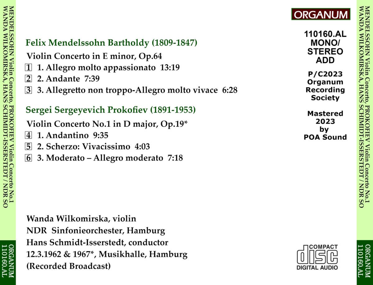 [CD-R盤] ORGANUM ウィウコミルスカ '62年, '67年放送ライブ／メンデルスゾーン, プロコフィエフ ヴァイオリン協奏曲_画像2