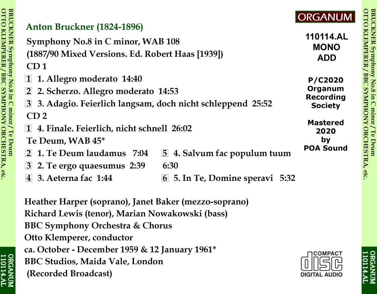 [CD-R・2枚組] ORGANUM クレンペラー＆BBC響 '59,'61年放送ライヴ／ブルックナー 交響曲第８番, テ・デウム_画像2