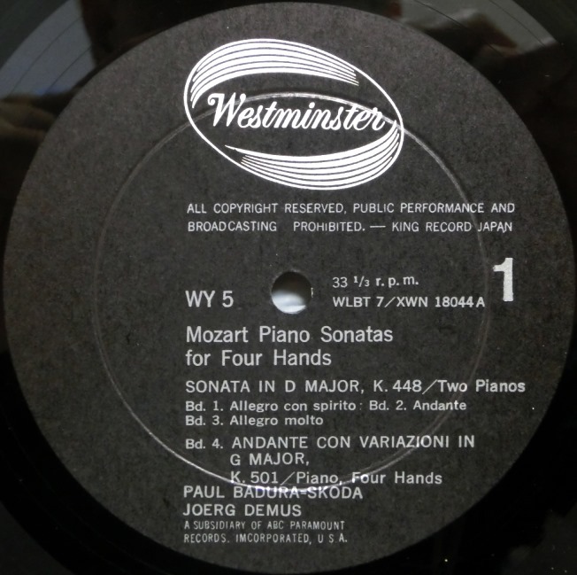 Westminster初期盤 バドゥラ=スコダ＆デムス／モーツァルト ４手のためのピアノ・ソナタ集の画像2