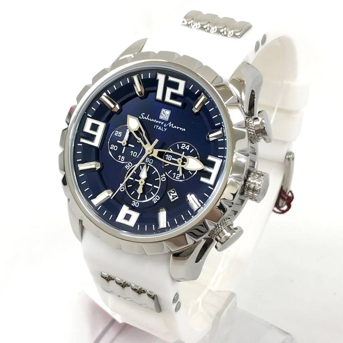 新品 Salvatore Marra サルバトーレマーラ 腕時計 SM15107-SSBL/WH クオーツ クロノグラフ ホワイト ブルー カレンダー 動作OK 箱付き ._画像3