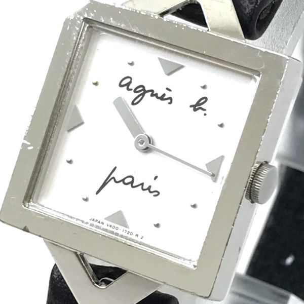 agnes b アニエスベー 腕時計 V400-5540 クオーツ アナログ スクエア ホワイト ブラック ウォッチ シンプル 電池交換済み 動作確認済みの画像1