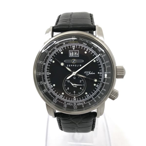 美品 ZEPPELIN ツェッペリン 100周年記念モデル 腕時計 7640-2 クオーツ ブラック デュアルタイム タキメーター カレンダー 動作確認済の画像2