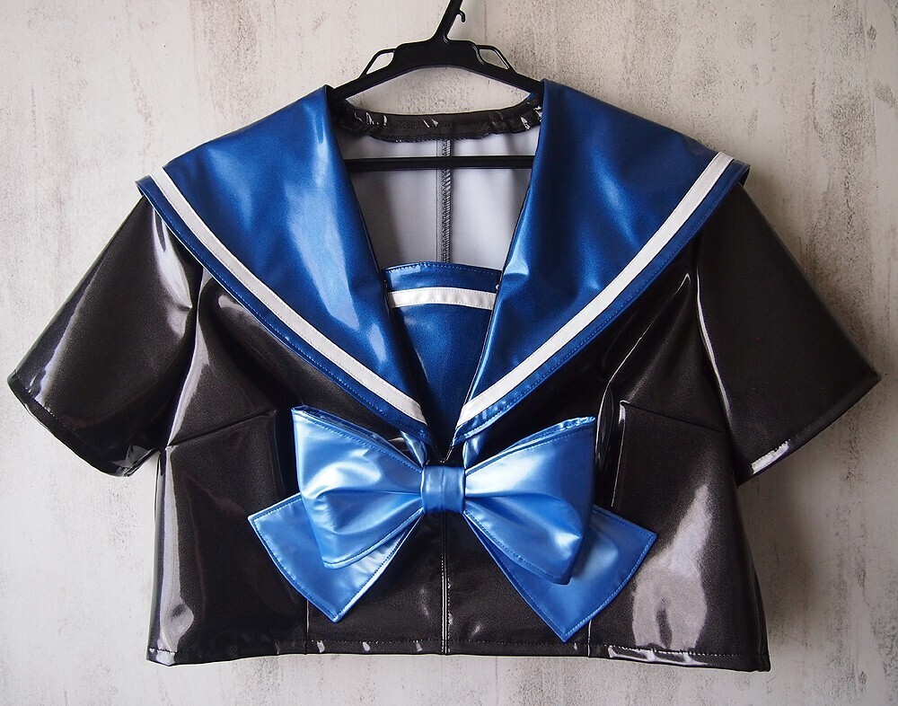 コスプレ衣装 光沢エナメルセーラー服 ブラック×ブルー グロスレザー 女性Lサイズ の画像5