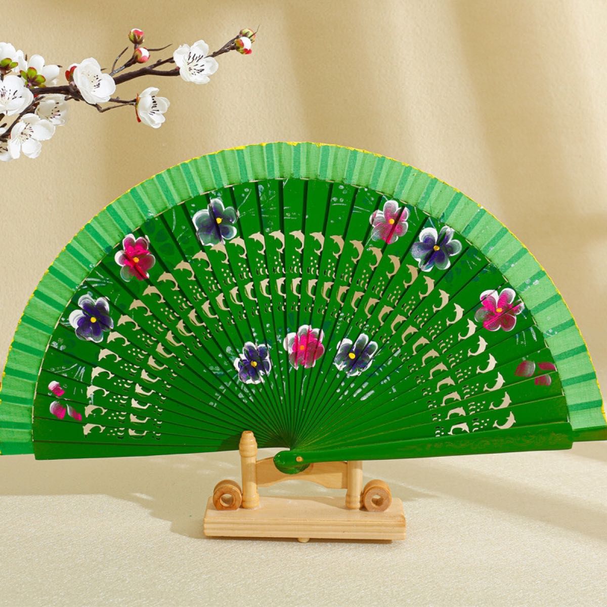 和装小物 扇子 せんす フラメンコ 日本舞踊 アバニコ  舞扇子 木製扇子 花柄 ピンク グリーン キレイ ダンス 小道具 小物