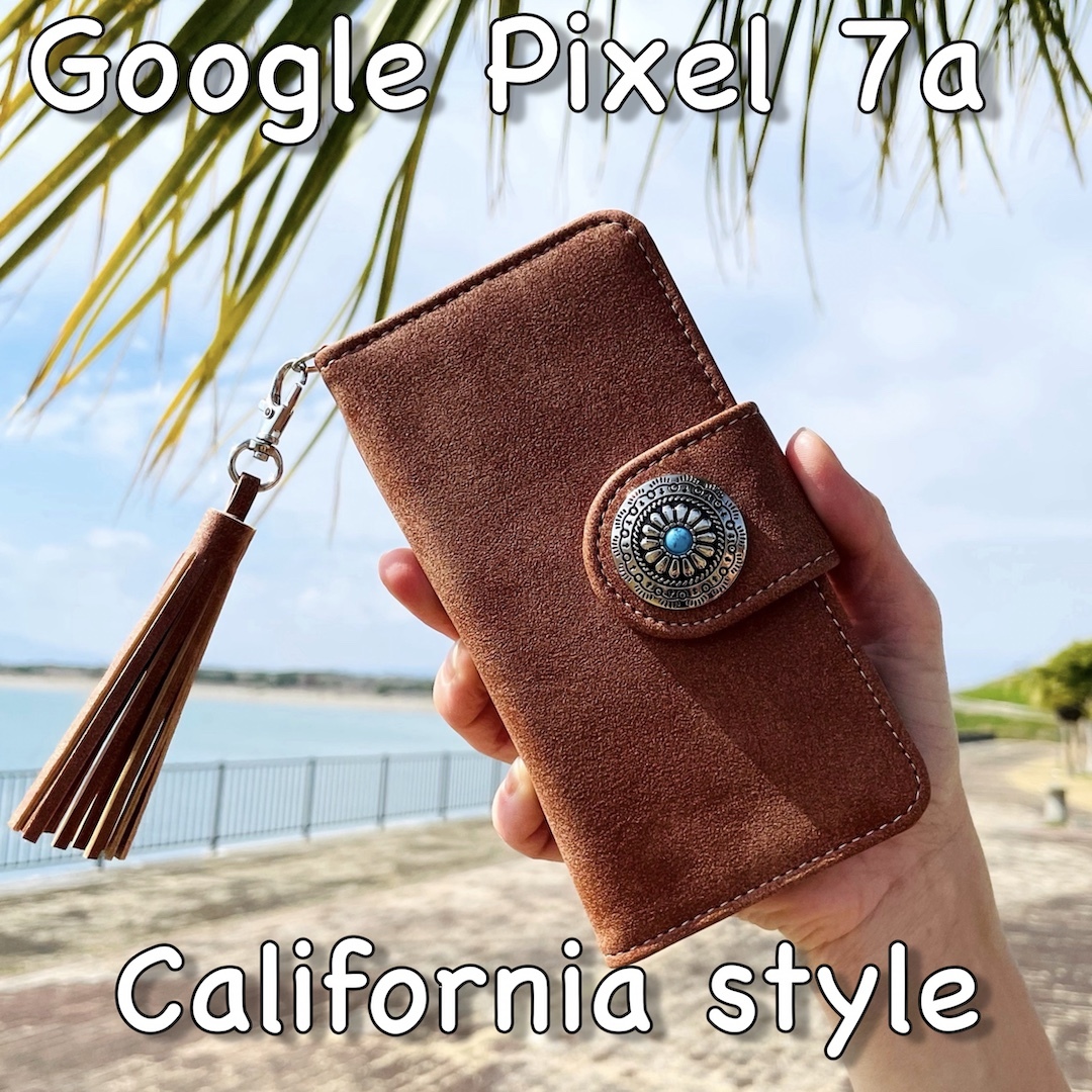 Google Pixel 7a レザーケース☆フリンジ/スエード&コンチョ☆グーグル ピクセル 7a 手帳型カバー☆の画像1