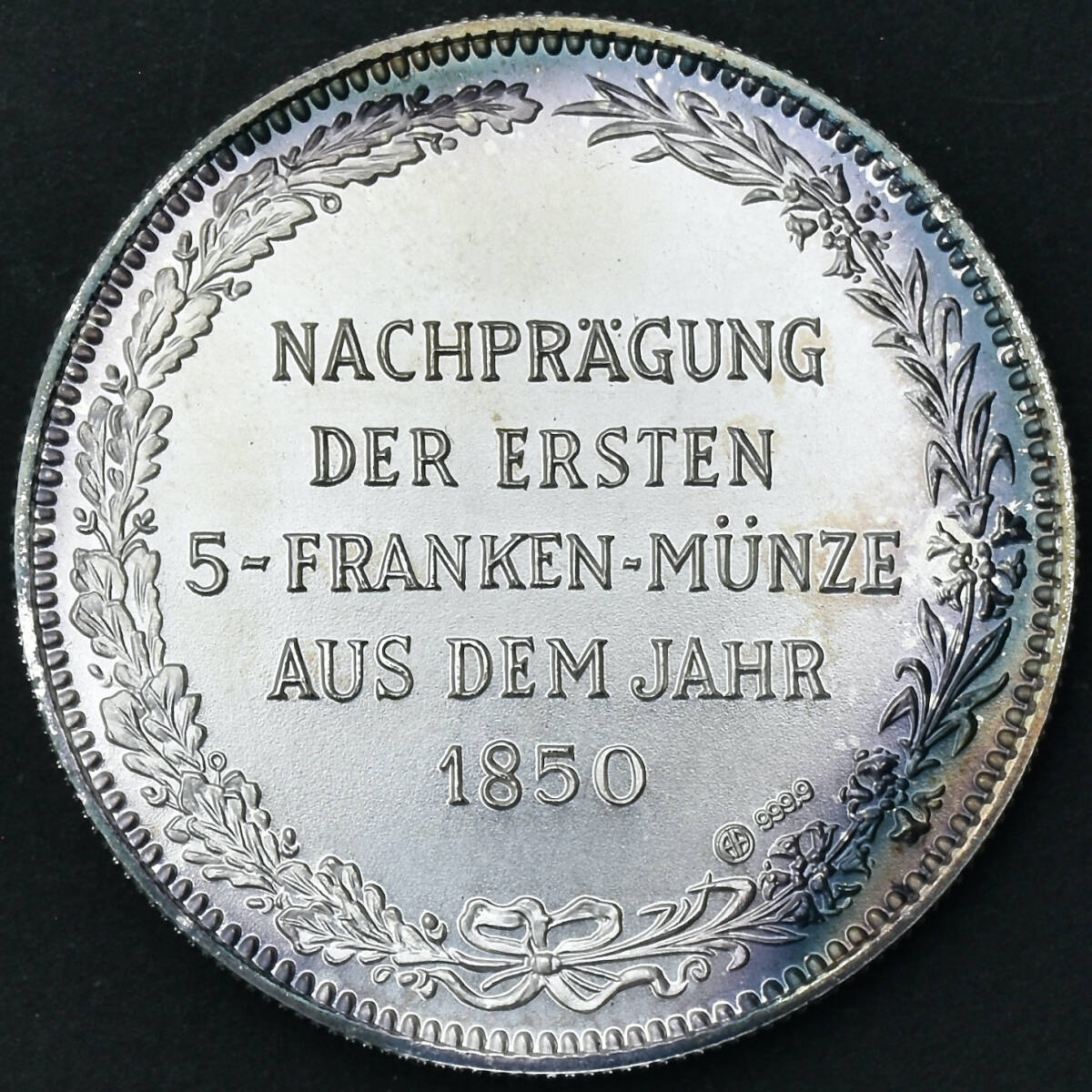 【始まりの5フラン】1850年 スイス ヘルベティア座像 5フラン 記念 銀メダル ブルートーン アンティークコイン Swiss HELVETIA 5 Francsの画像4