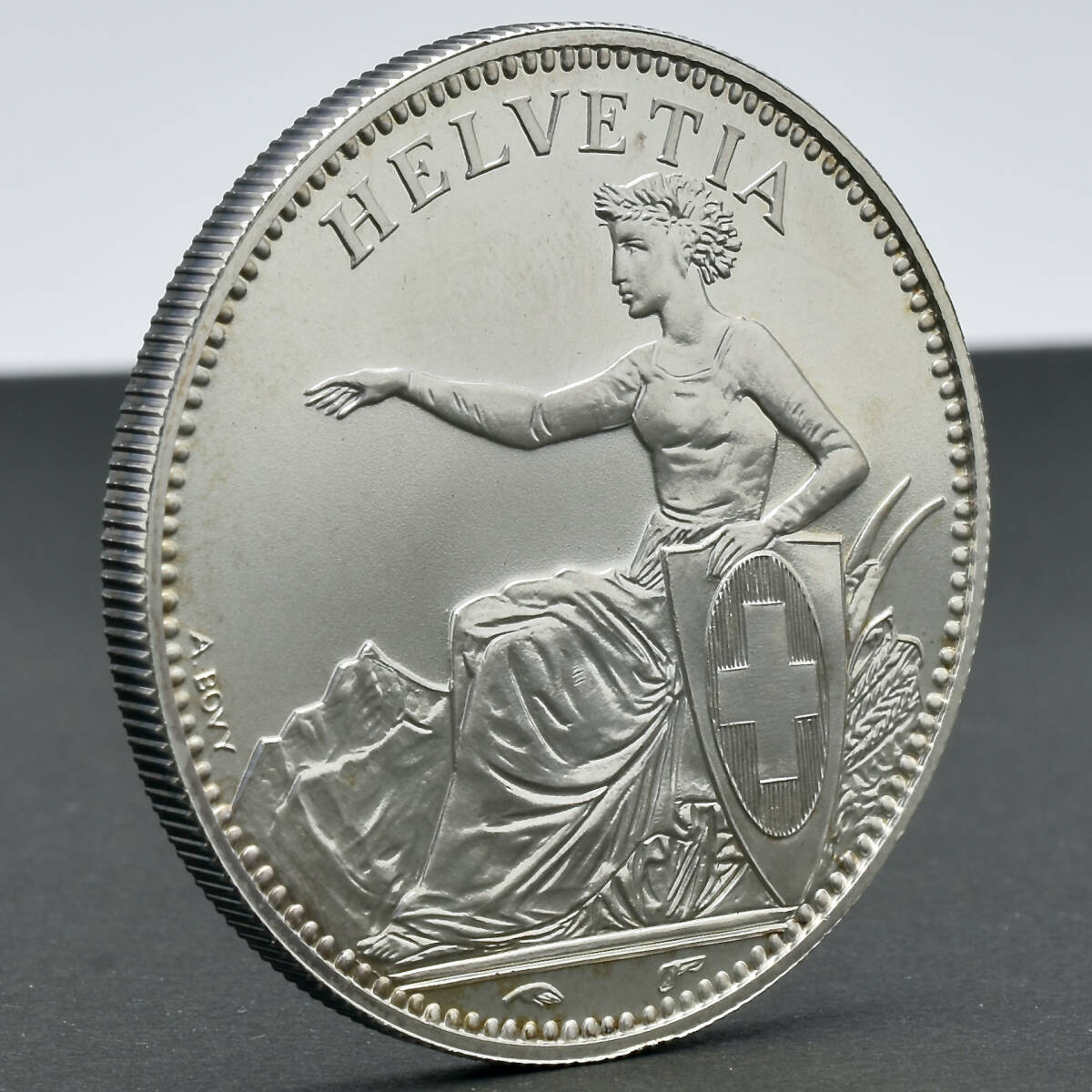 【始まりの5フラン】1850年 スイス ヘルベティア座像 5フラン 記念 銀メダル ブルートーン アンティークコイン Swiss HELVETIA 5 Francsの画像2