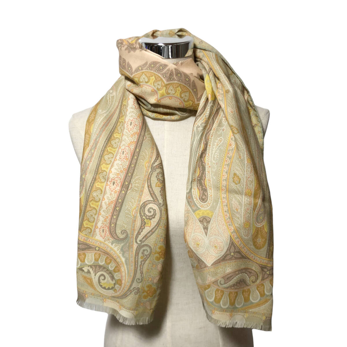 ETRO Etro large size shawl stole scarf peiz Lee pattern wool silk beige group Italy made ST1