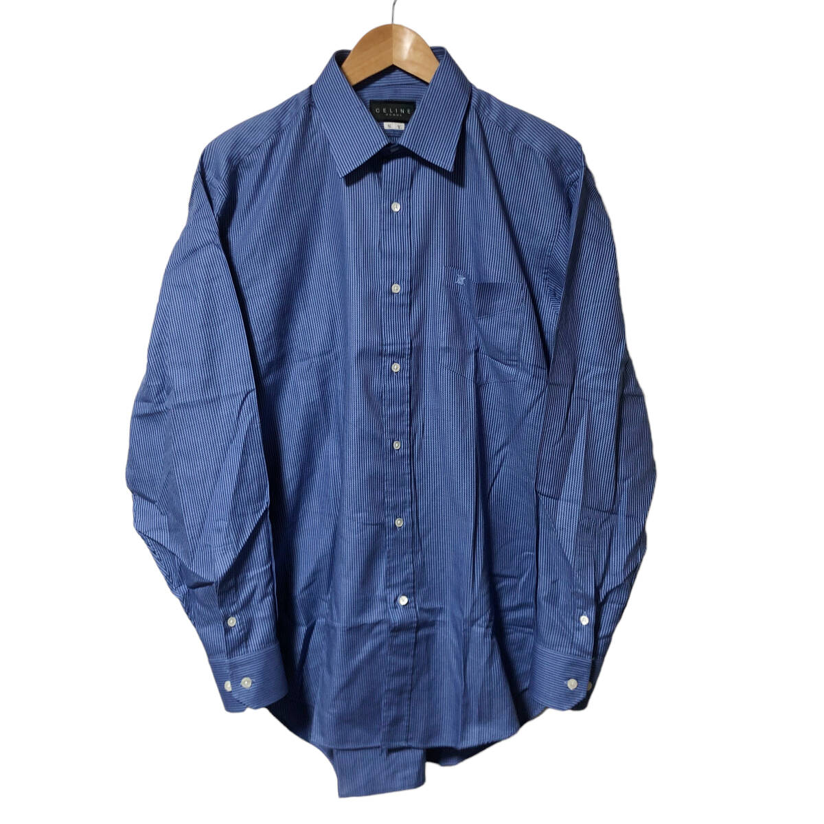 CELINE HOMME セリーヌオム ストライプ シャツ 長袖 ロゴ 刺繍 L～XL相当 ブルー ネイビー メンズ A18_画像1