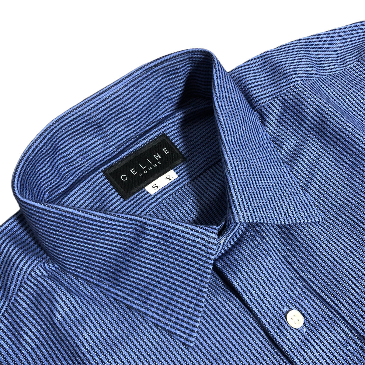 CELINE HOMME セリーヌオム ストライプ シャツ 長袖 ロゴ 刺繍 L～XL相当 ブルー ネイビー メンズ A18_画像4