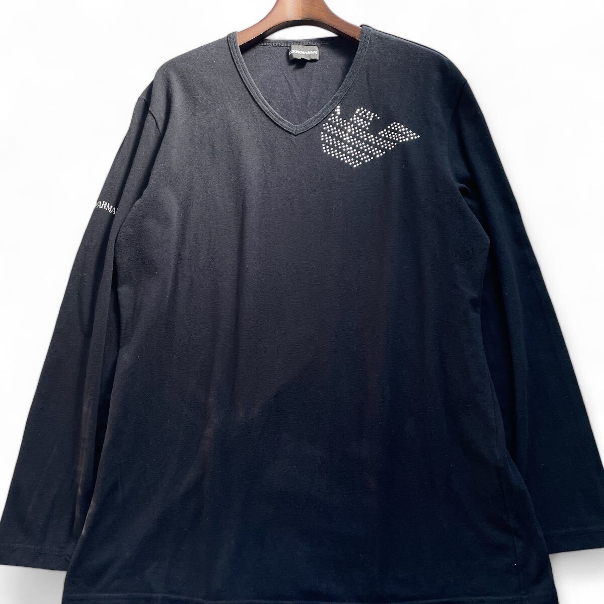 美品■XXXL■EMPORIO ARMANI エンポリオ アルマーニ ラインストーン ロゴ Vネック カットソー ロンT ブラック 黒 長袖 Tシャツ ストレッチ_画像1