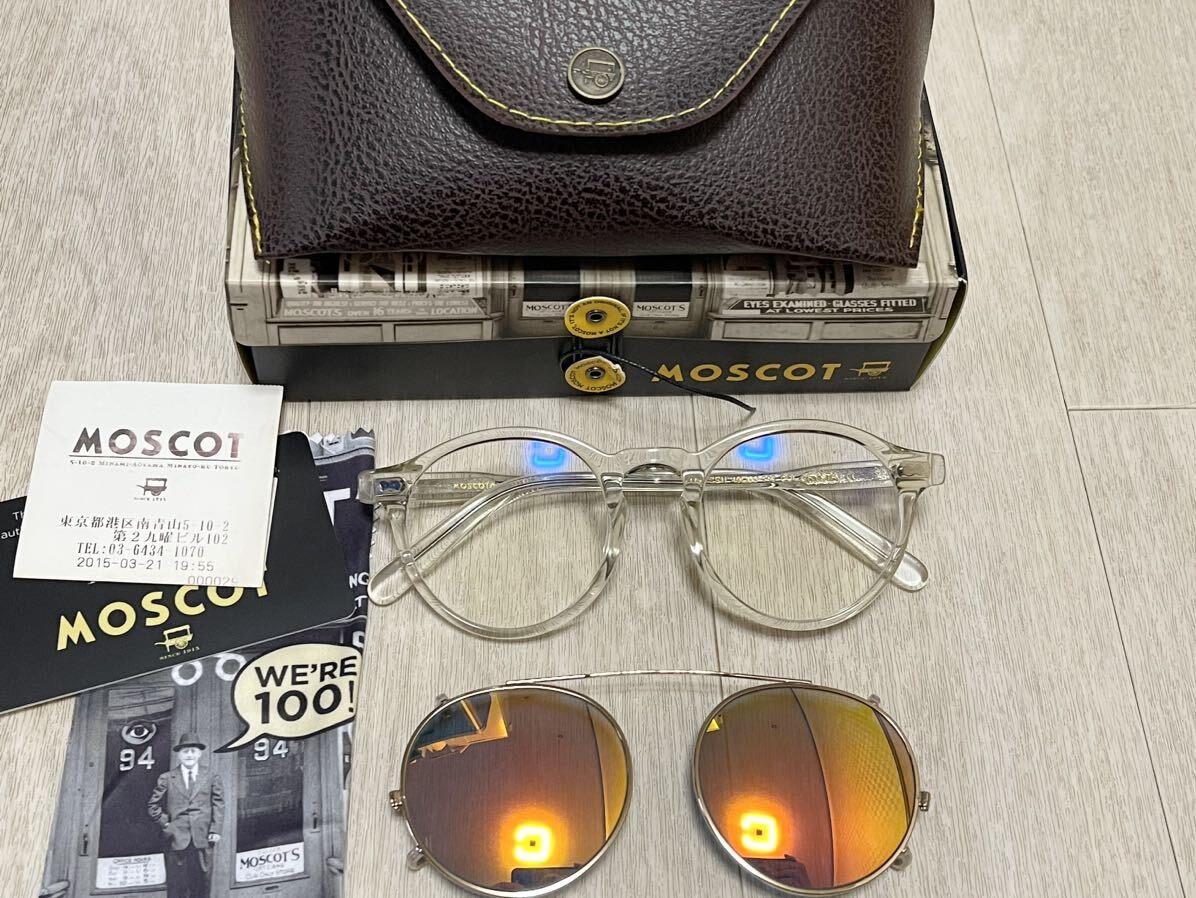 1000円～！正規店購入 超美品 MOSCOT モスコット ミルゼン クリップオン クリア ミラーレンズ 2点セット サングラスケース 箱 領収書あり_画像1