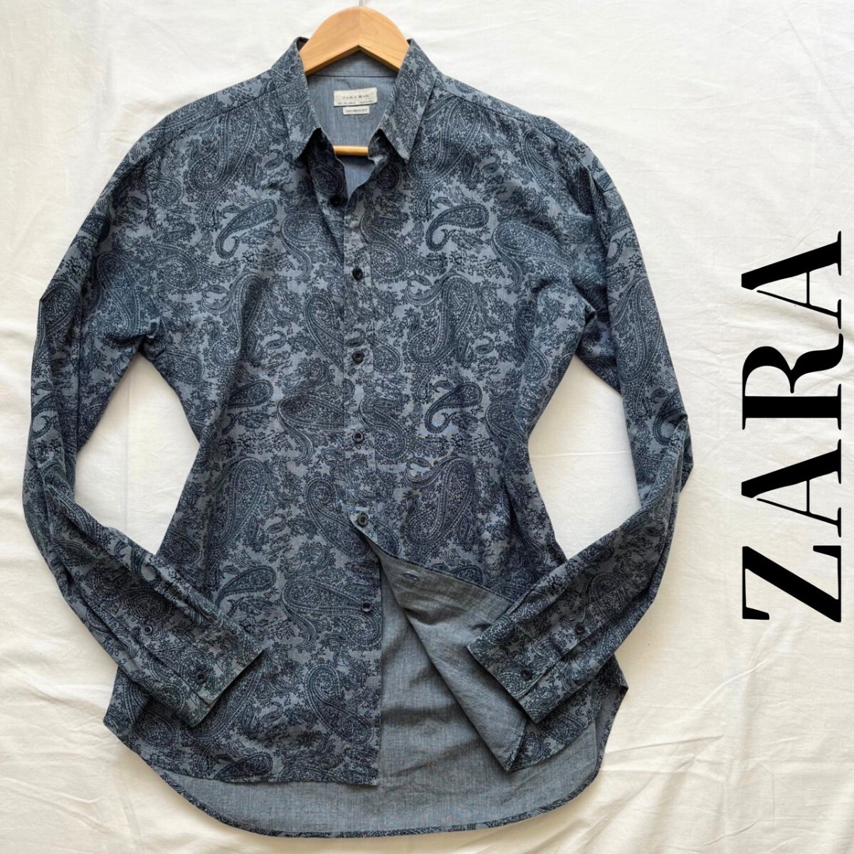 美品【高級感のあるペイズリー柄】ZARA 長袖シャツ コットン100% サイズXL相当 ザラ ボタンシャツ ネイビー_画像1