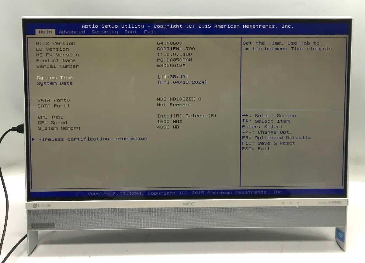 AL: NEC LAVIE DA350/D Celeron3855U 1.60GHz /メモリ：4GB/HDD:1000GB/無線/ モニタ一体型_画像1