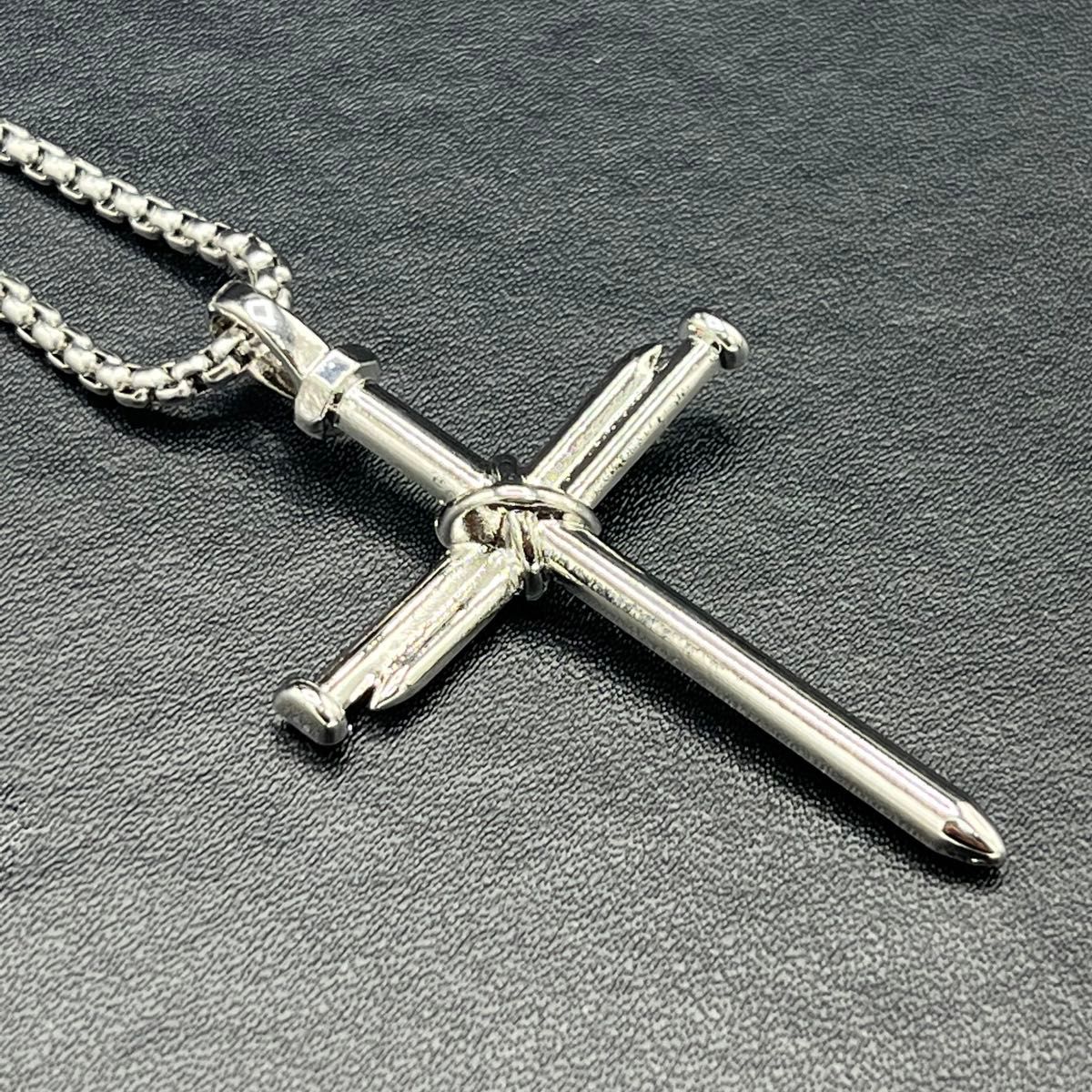 N014-b ネックレス クロス 釘 クギ 十字架 新品 メンズ レディース シルバーカラー アクセサリー ペンダント
