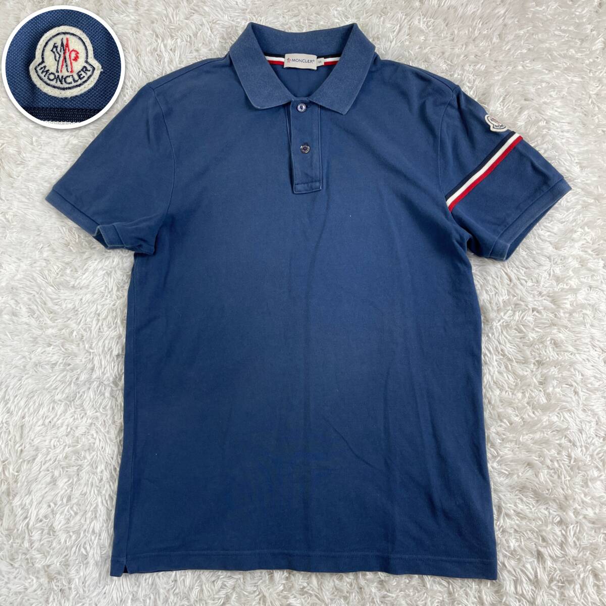 モンクレール ポロシャツ ネイビー ロゴワッペン トリコロールライン MONCLER 半袖 襟付き MAGLIA POLO MANICA CORTA 紺 Tシャツの画像1