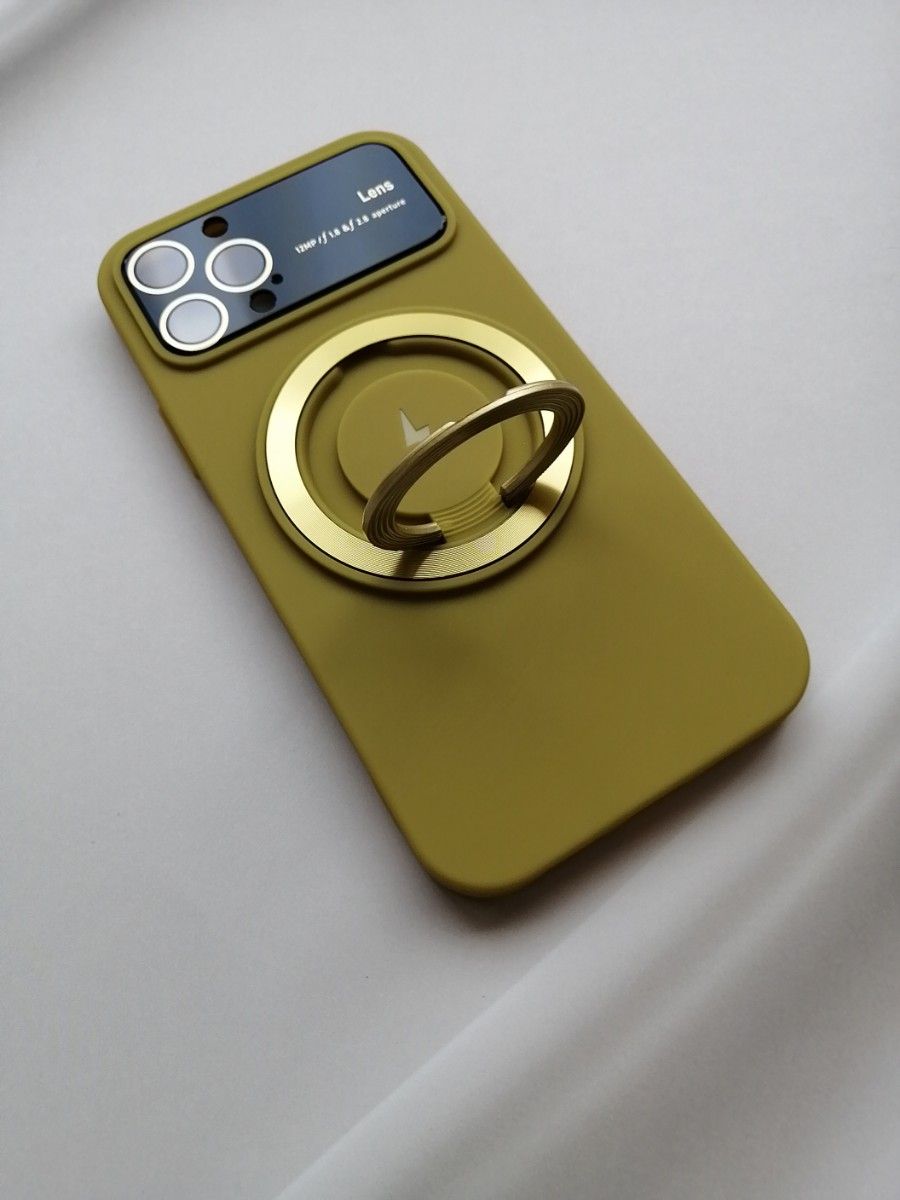 iPhone12Pro 用ケース MagSafe対応 カメラレンズ保護大型ビューウィンドウ オリーブ スマホスタンド用リング付属