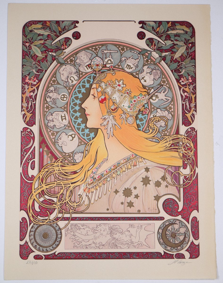 ミュシャ Alphonse Mucha「ゾディアック」版画（リトグラフ）シートのみ出品 250部限定 摺師直筆サイン有り アール・ヌーヴォー 真作の画像1