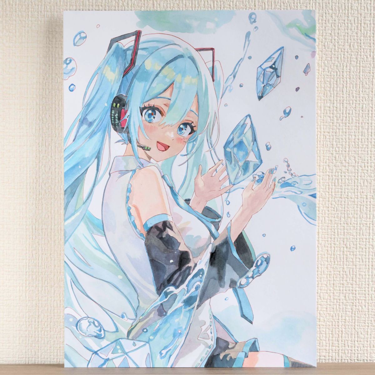 手描きイラスト 初音ミク ボーカロイド ミクちゃん 水ミク クリスタル A4 同人 アナログ 原画 2404024の画像5