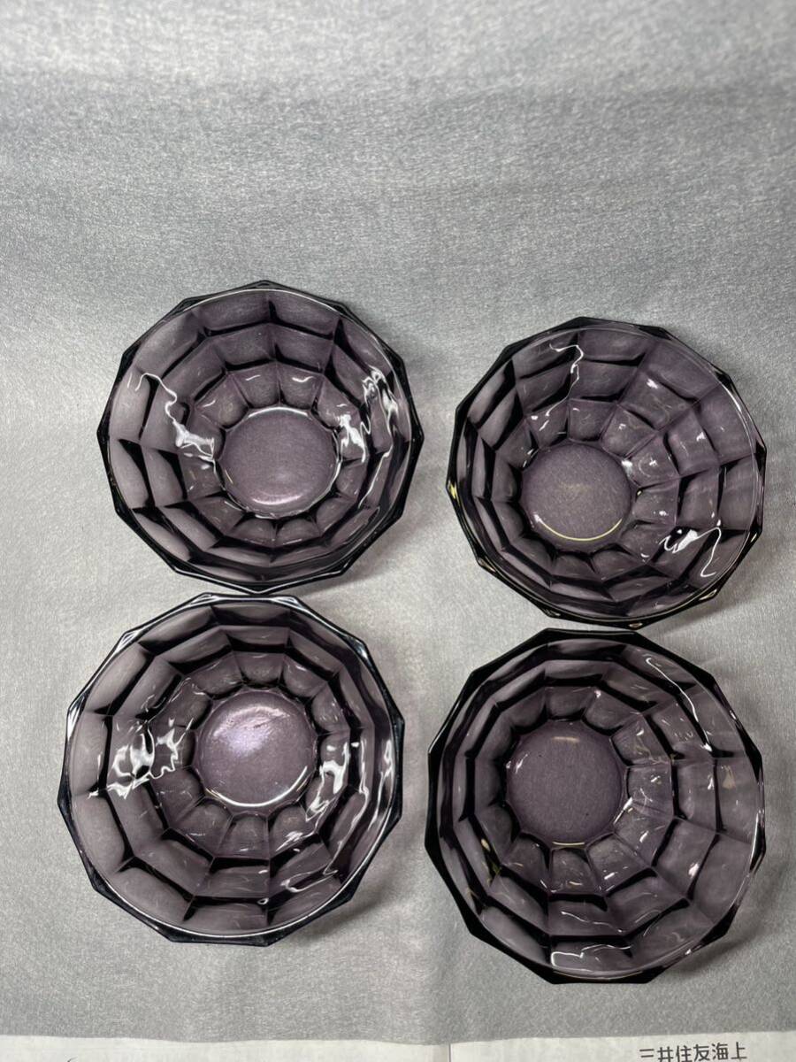 ウランガラス ウラン食器 昭和レトロ 小鉢 紫ガラス 透明ガラス 4客揃い 小傷有りの画像3