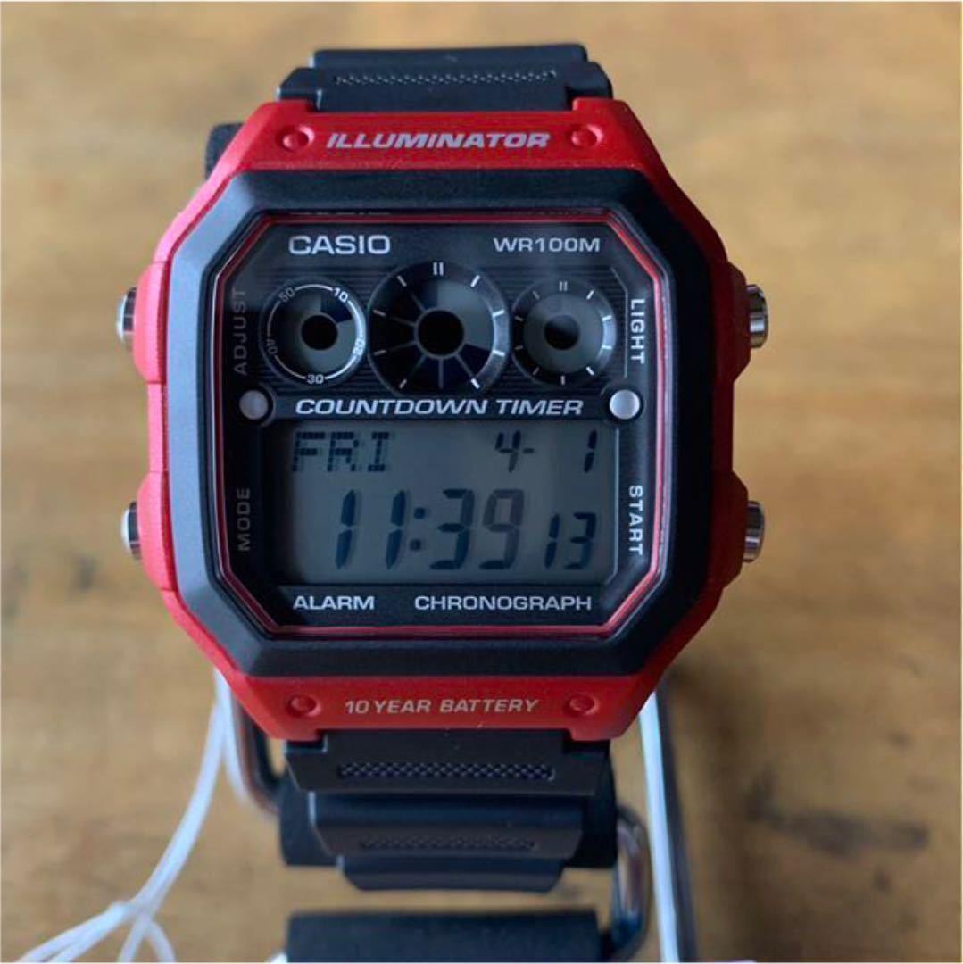 【新品・箱なし】カシオ CASIO クオーツ メンズ 腕時計 AE-1300WH-4A ブラック/レッド 液晶