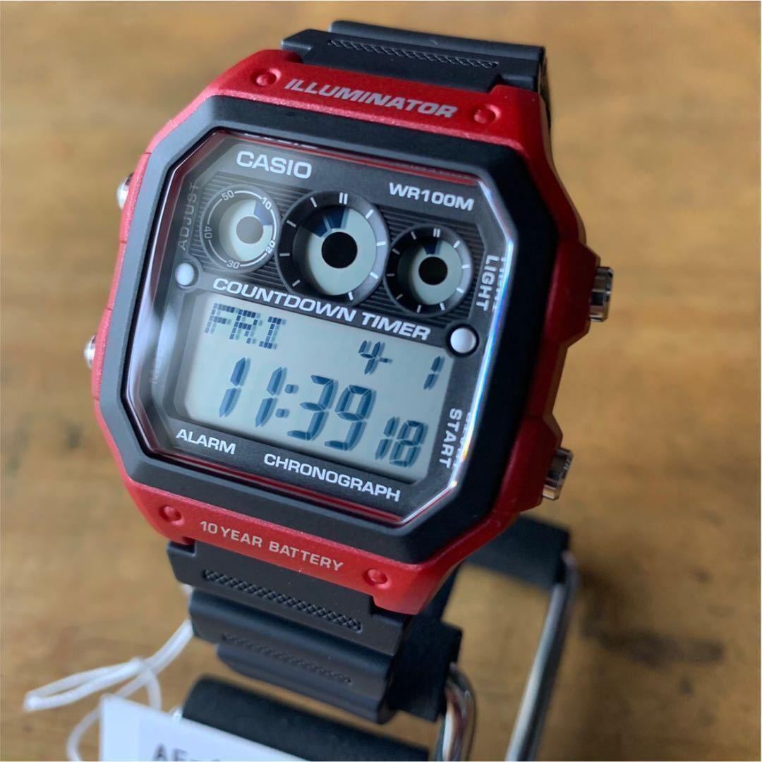 【新品・箱なし】カシオ CASIO クオーツ メンズ 腕時計 AE-1300WH-4A ブラック/レッド 液晶