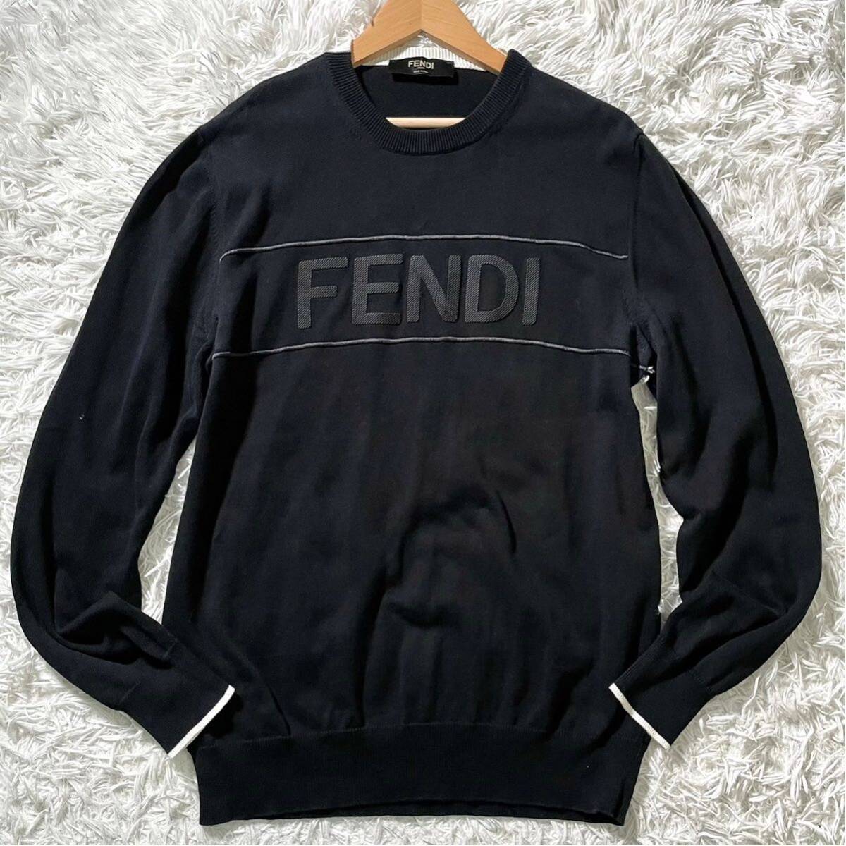 極美品/XL フェンディ 現行品 FENDI ニット セーター デカロゴ クルーネック ブラック 黒 コットン100% メンズ 長袖 50 トップスの画像1