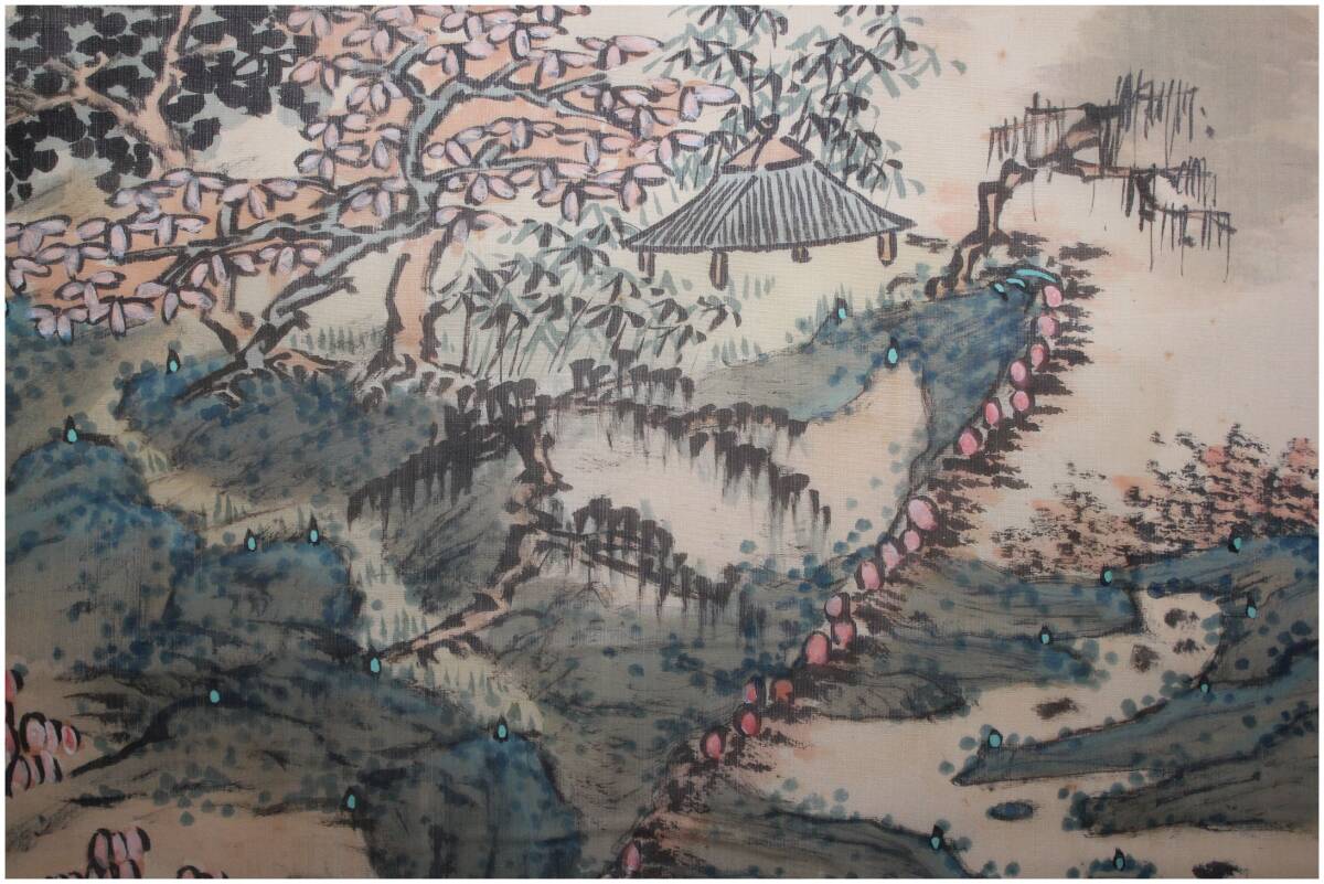 「模写」　南画家・【田中柏陰】　青緑秋景山水図　掛軸　山口県住・関西南画壇・中国絵画・田能村直入師事_画像7