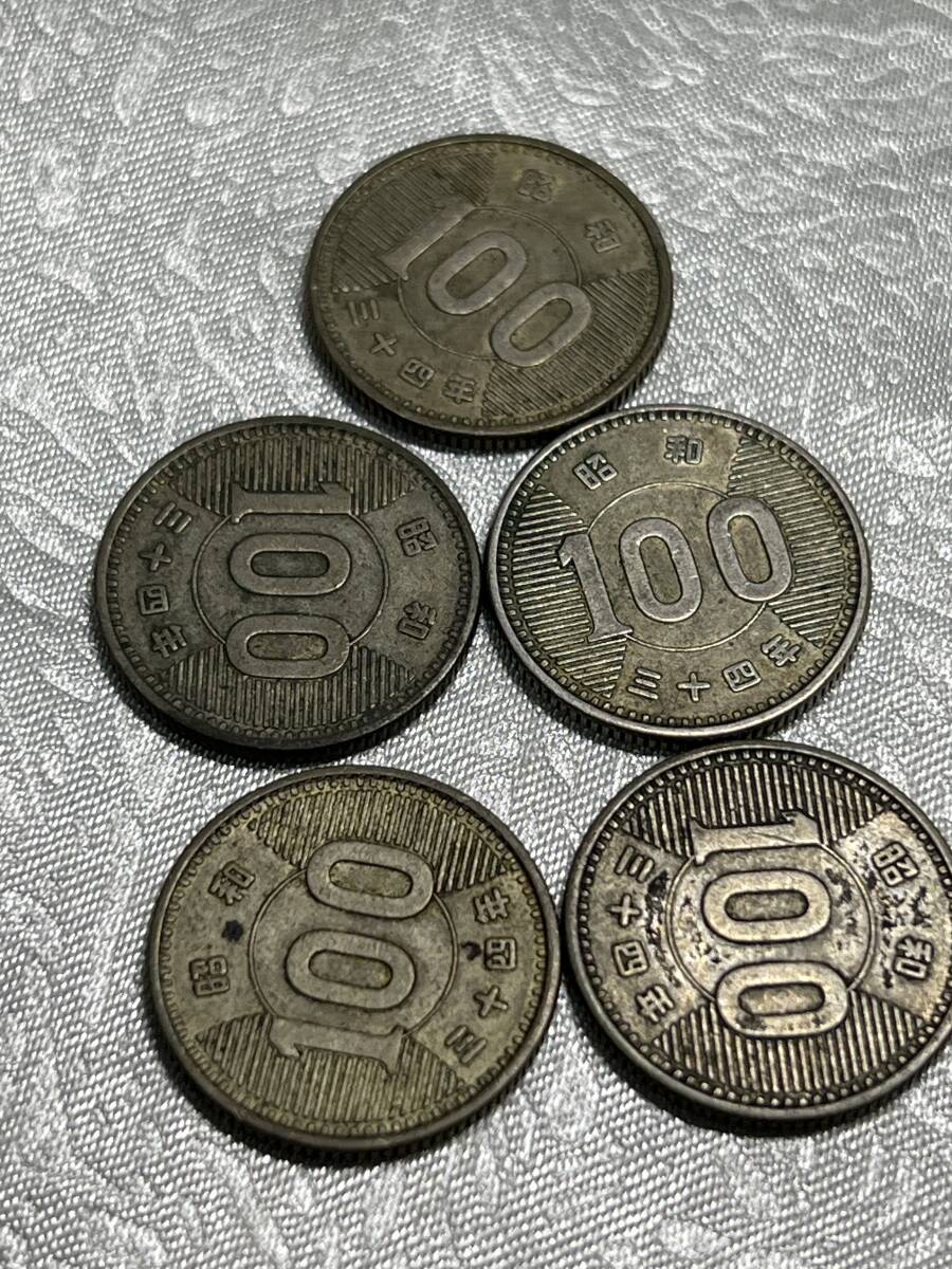 稲100円銀貨 昭和34年 ５枚 No2の画像1