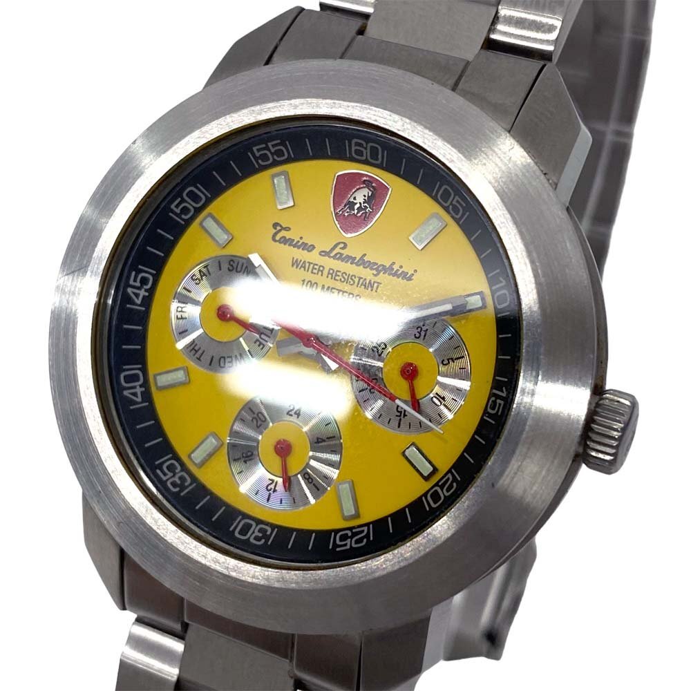 24-1277 【良品/電池交換済】 トニノランボルギーニ クロノグラフ クォーツ 腕時計 イエロー文字盤 デイデイト ステンレス メンズの画像4