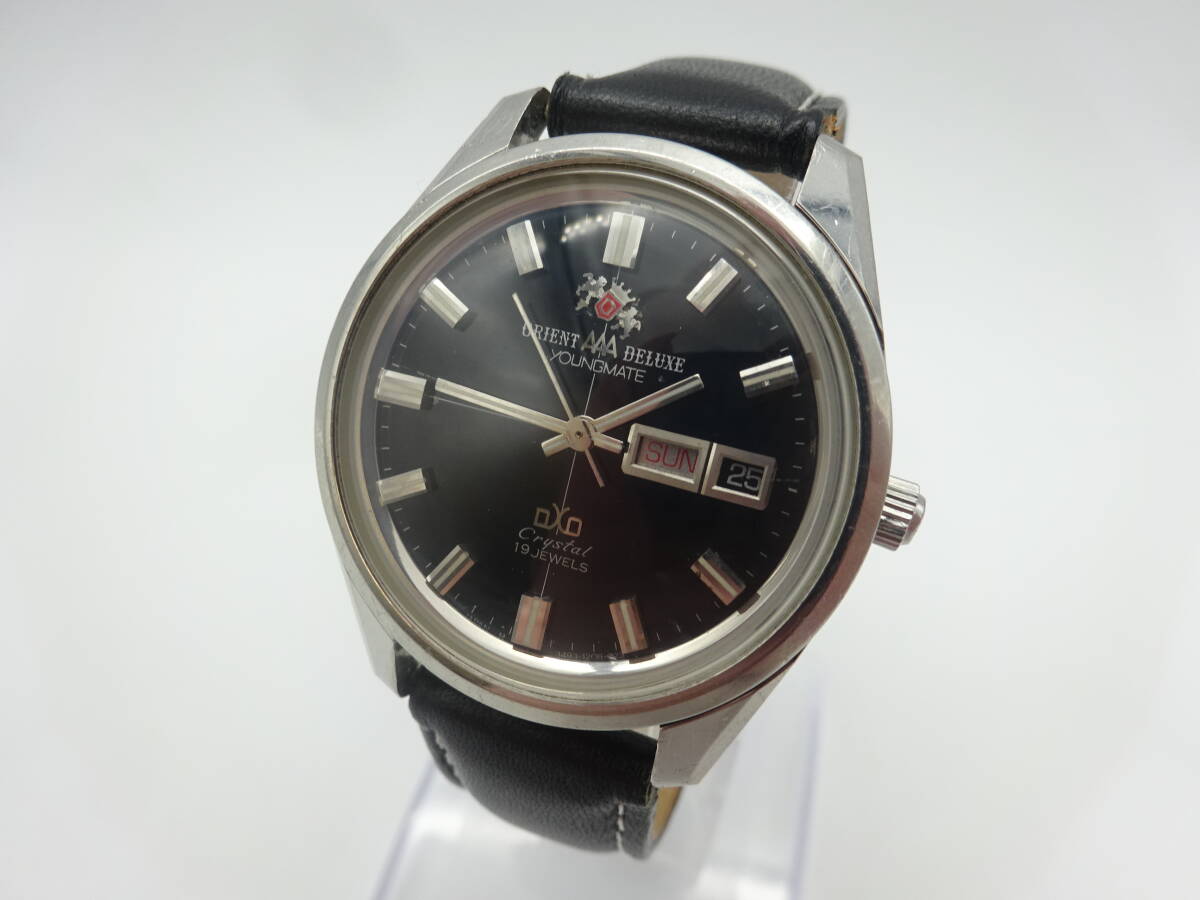 ☆可動品☆ #26236 オリエント/ORIENT AAA DELUXE YOUNGMATE 19石 デイデイト 自動巻き 黒文字盤 社外ベルト 可動品_画像1