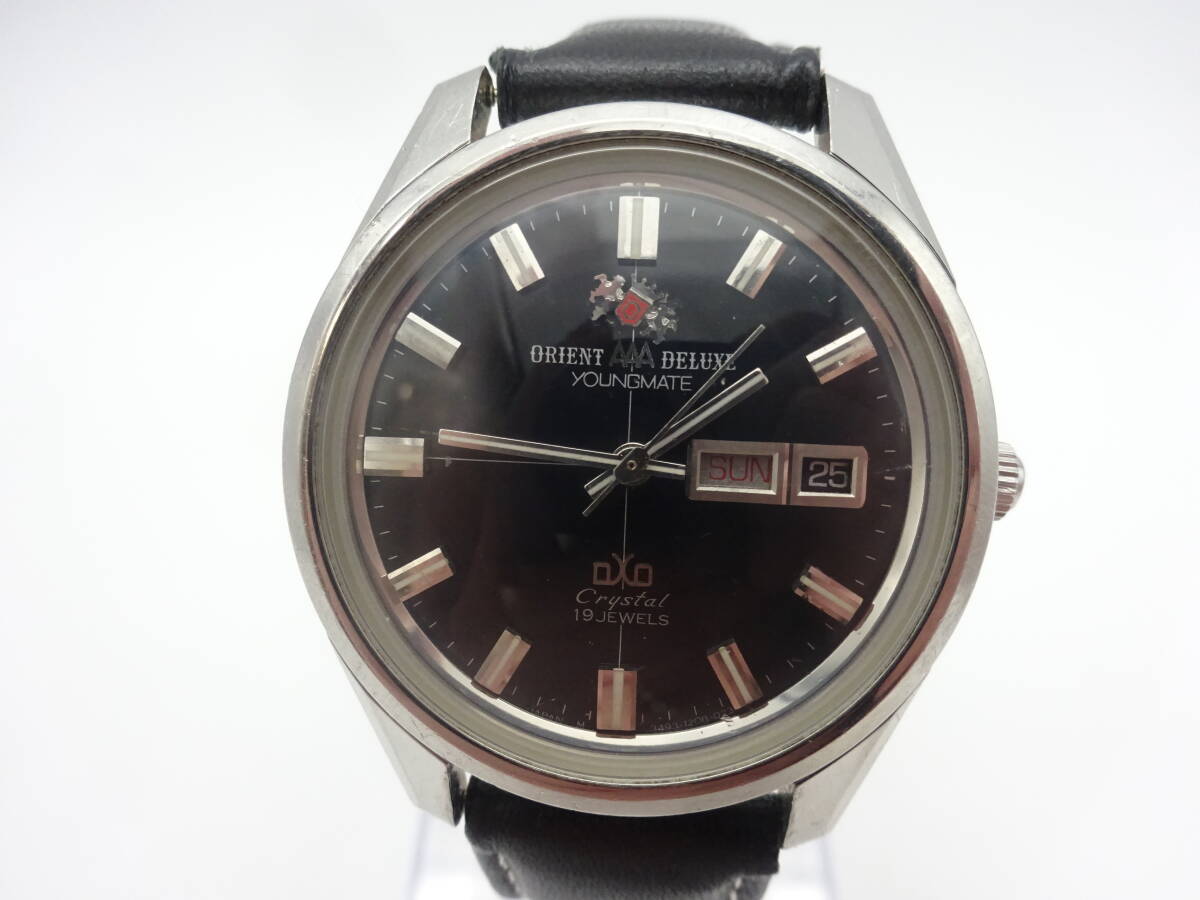 ☆可動品☆ #26236 オリエント/ORIENT AAA DELUXE YOUNGMATE 19石 デイデイト 自動巻き 黒文字盤 社外ベルト 可動品_画像2