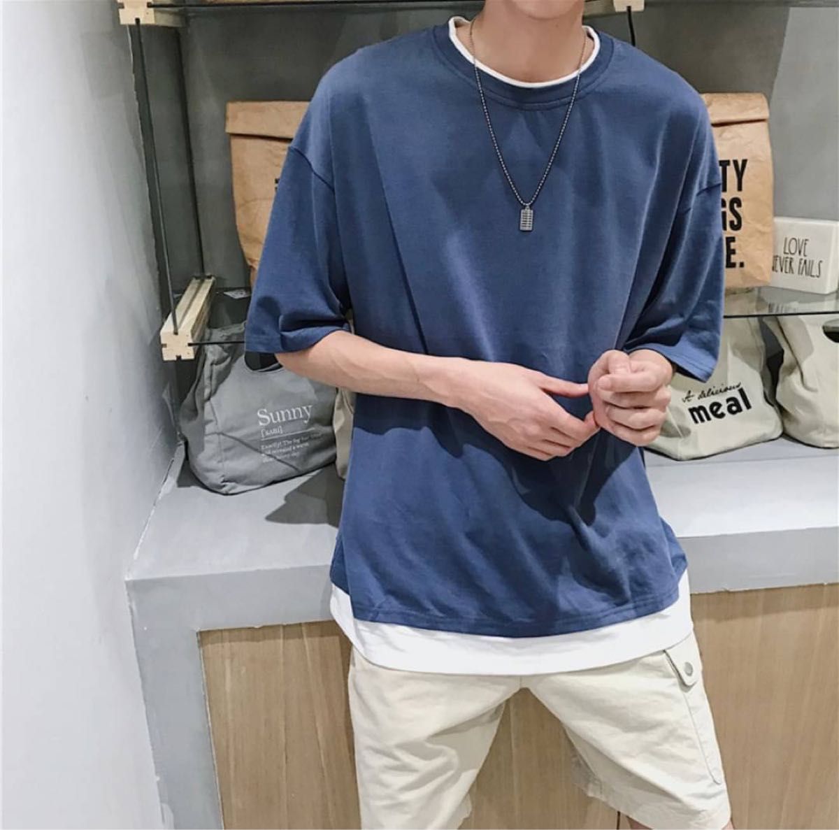 メンズ　Tシャツ　ブルー　XL トップス　フェイク　レイヤード　半袖　カットソー   無地　シンプル　韓国　カジュアル 重ね着風