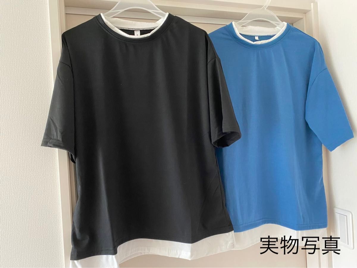 メンズ　Tシャツ　ブルー　XL トップス　フェイク　レイヤード　半袖　カットソー   無地　シンプル　韓国　カジュアル 重ね着風