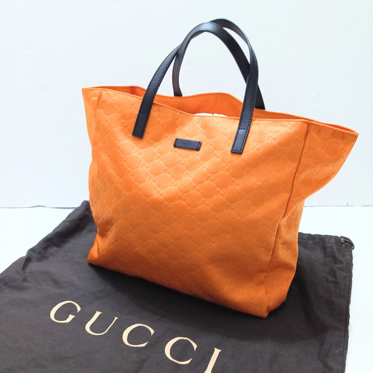 99 GUCCI トートバッグ ハンドバッグ グッチ GG 総柄 282439 502752 オレンジ ナイロン レザー持ち手 グッチシマ_画像1